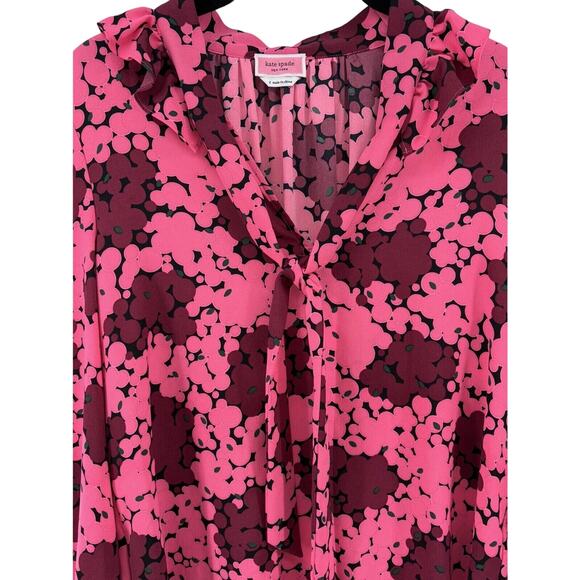 Kate Spade Blouse Pink & Burgundy Floral Small V-Neck W/ Tie Long‎ Sleeve Ruffle - Picture 3 of 9